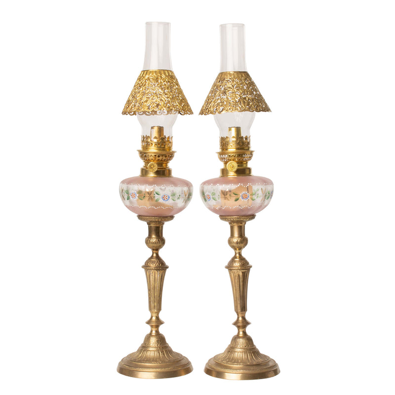 Victorian Peg Lamp with Hand Painted Bowl (Pair)