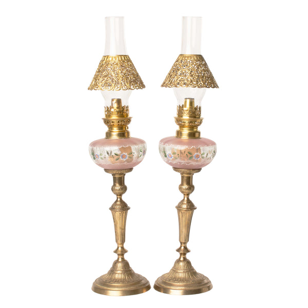 Victorian Peg Lamp with Hand Painted Bowl (Pair)