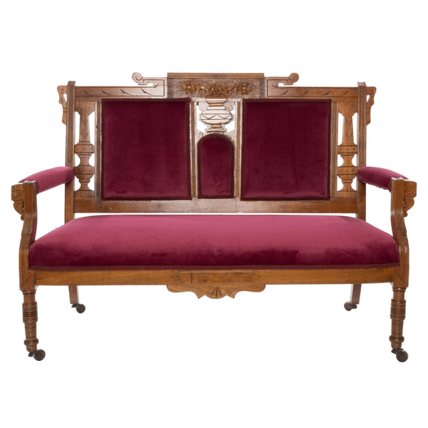 Walnut Settee with Purple Velvet Upholstery