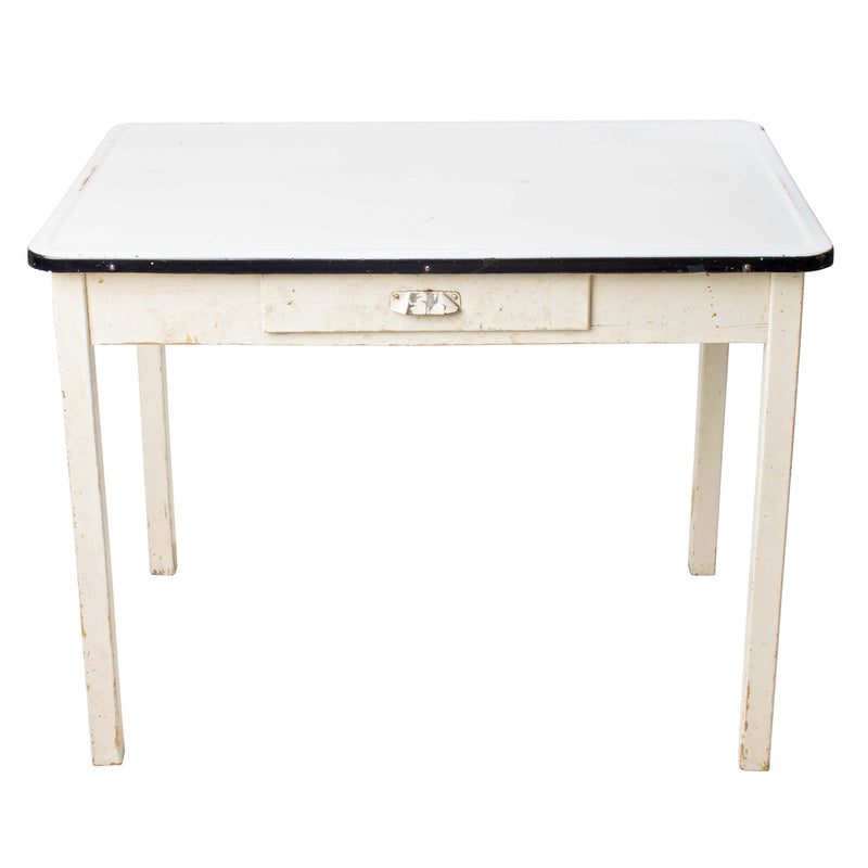White Enamel Top Table with Black Edge and Single Drawer