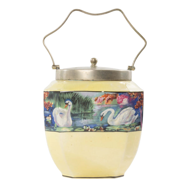 Yellow Porcelain Biscuit Barrel with Swans