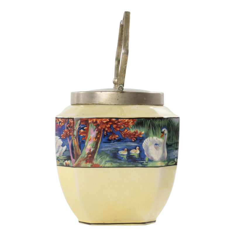 Yellow Porcelain Biscuit Barrel with Swans