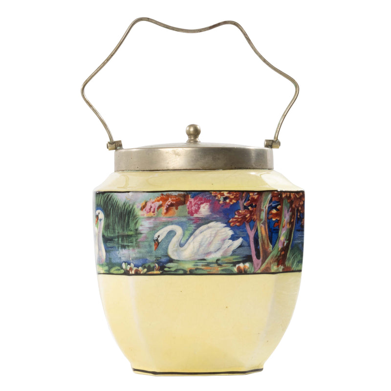 Yellow Porcelain Biscuit Barrel with Swans