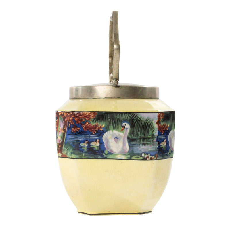 Yellow Porcelain Biscuit Barrel with Swans