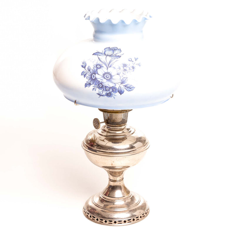 Coal Oil Lamp with Nickel Base and Blue and White Shade