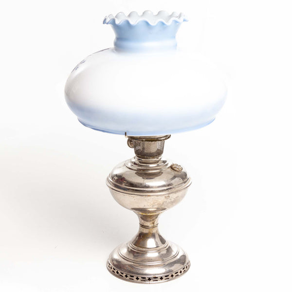 Coal Oil Lamp with Nickel Base and Blue & White Shade