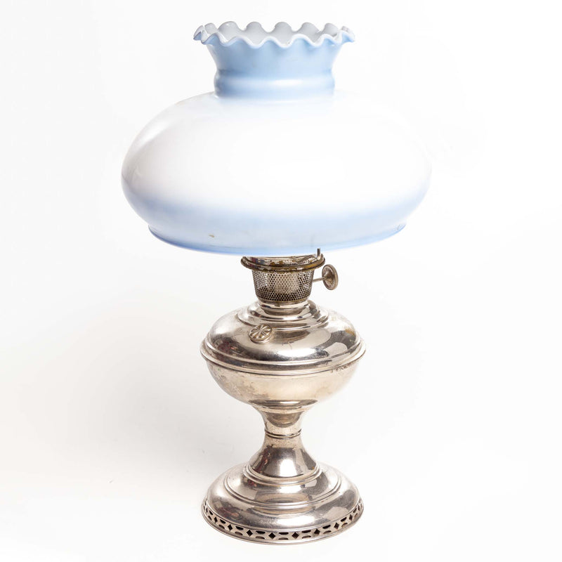 Coal Oil Lamp with Nickel Base and Blue and White Shade