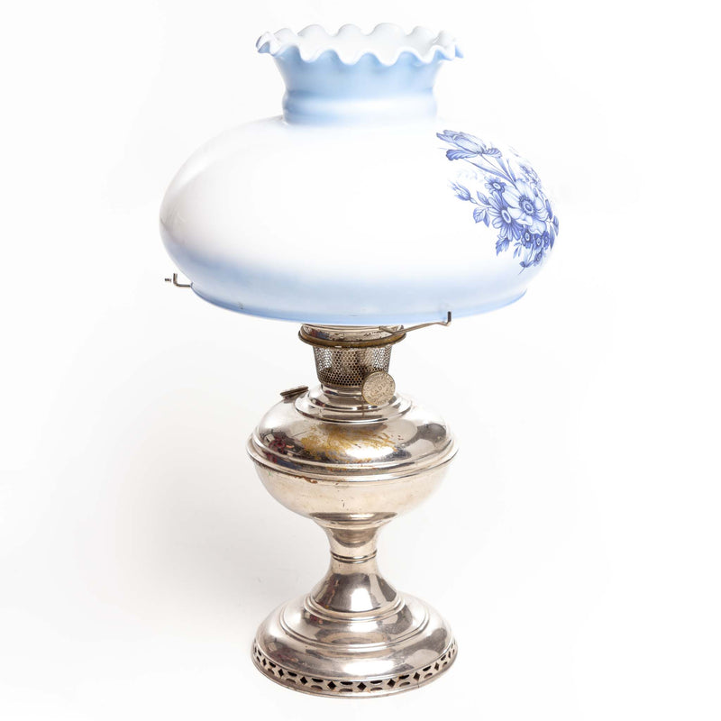 Coal Oil Lamp with Nickel Base and Blue and White Shade