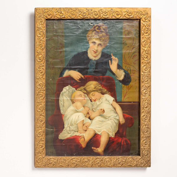 Framed Victorian Lithograph of Lady and Children