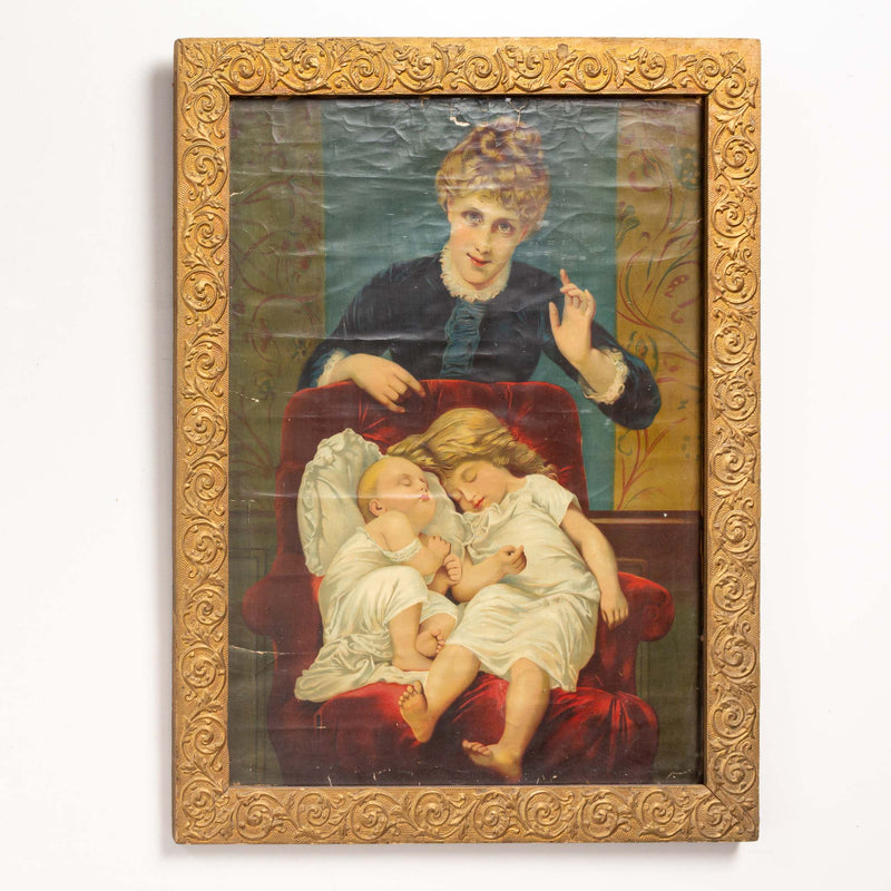 Framed Victorian Lithograph of Lady with Small Children
