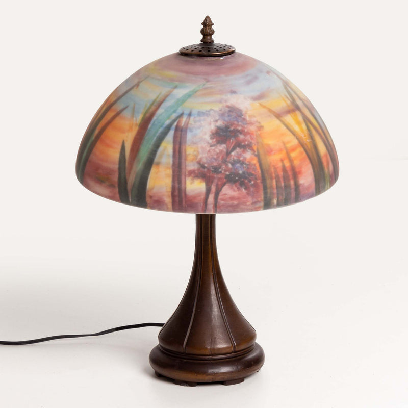Metal Table Lamp with Painted Glass Shade