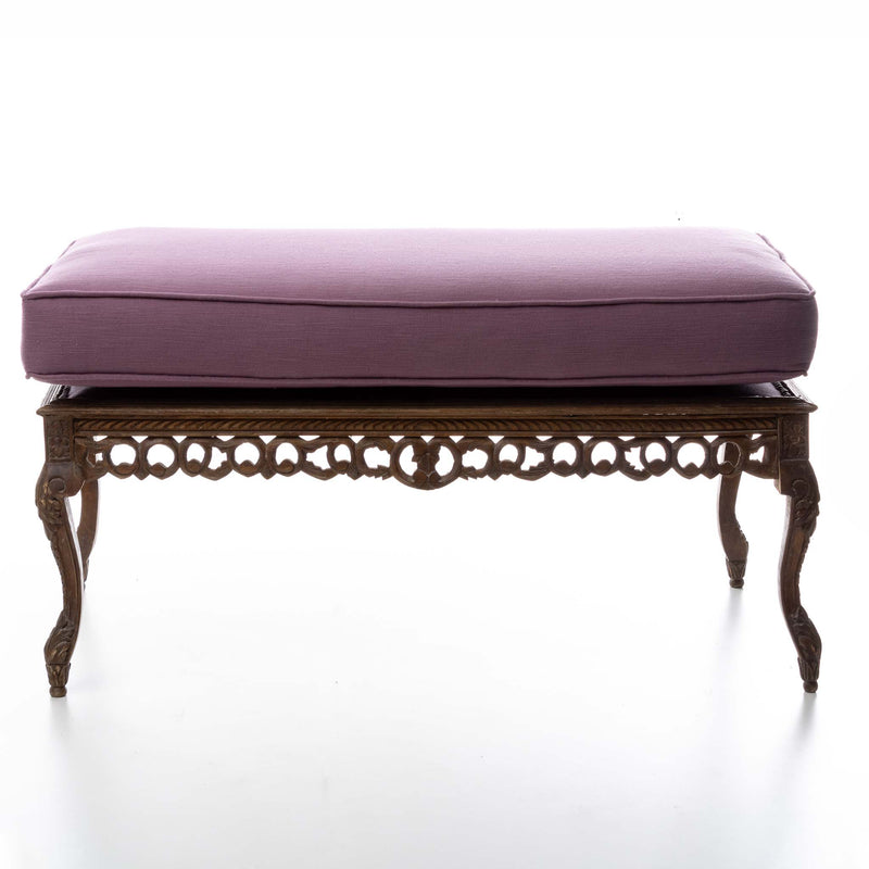 Ornate Hand Carved Bench with Purple Cushion