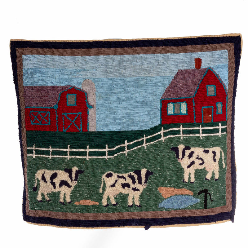 Hooked Wool and Rag Rug Depicting Farmyard