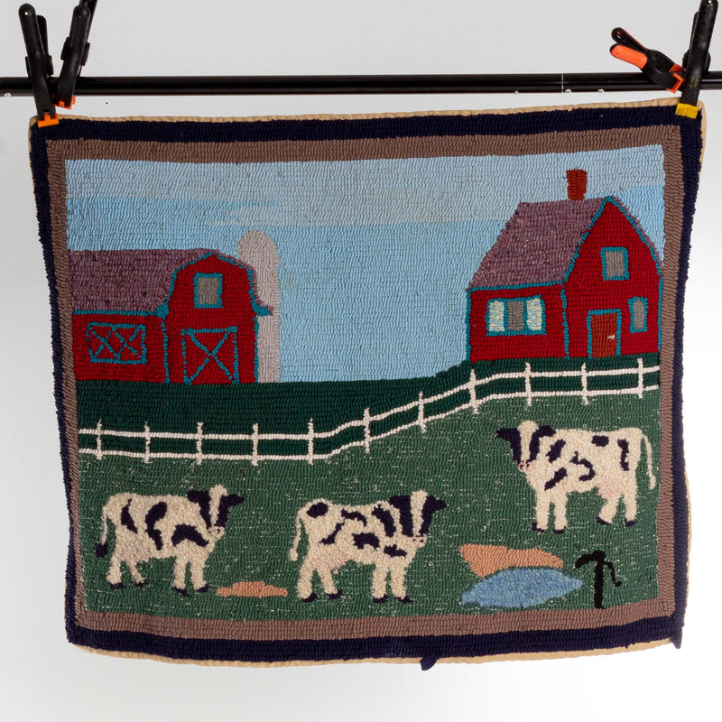 Hooked Wool and Rag Rug Depicting Farmyard