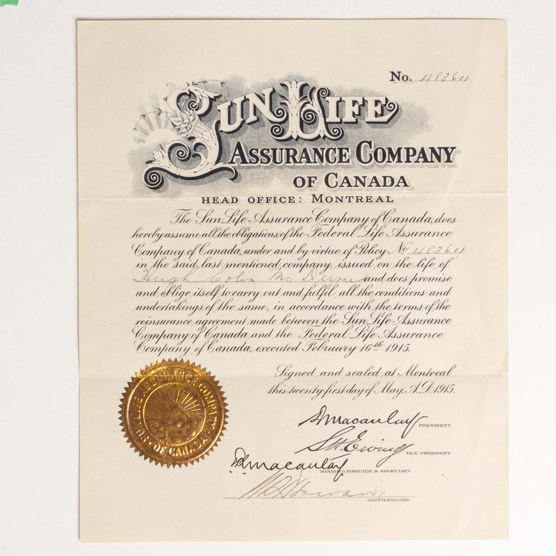 Sun Life Assurance Company 1915 Policy - H.C. McDerme