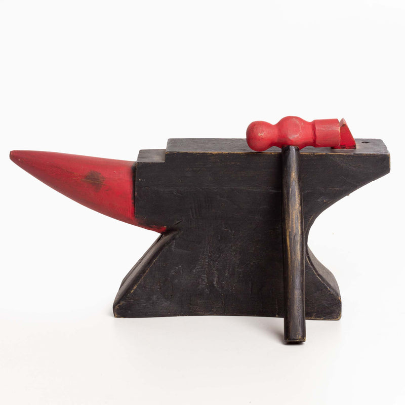 Black and Red Wood Folk Art Anvil and Hammer