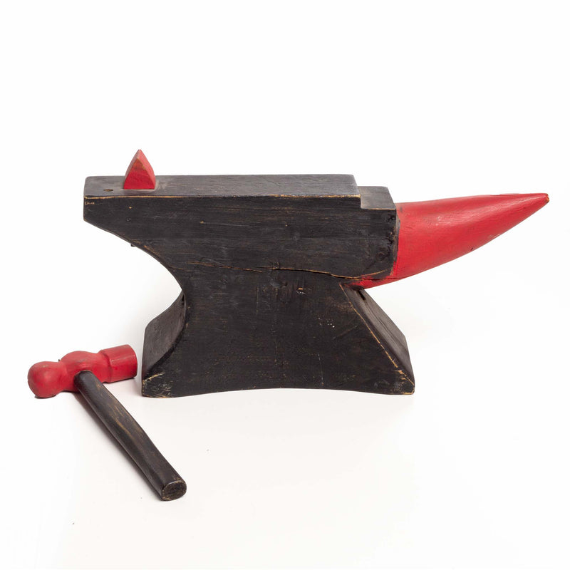 Black and Red Wood Folk Art Anvil and Hammer