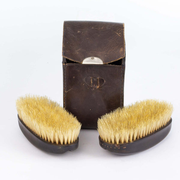 Leather Cased Pair Ebony Backed Clothes Brushes