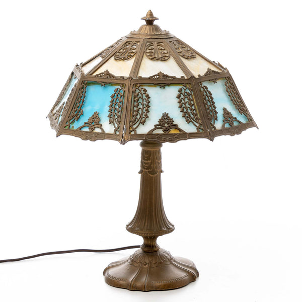 Cast Base Table Lamp with Blue and White Slag Glass Shade