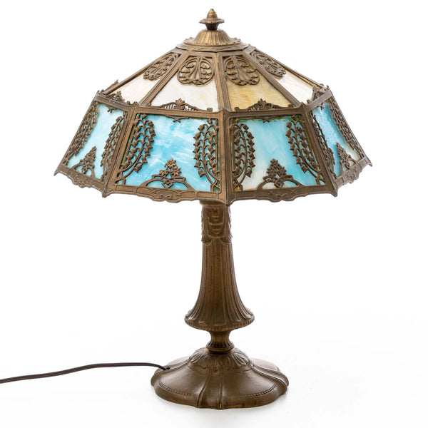 Cast Base Table Lamp with Blue and White Slag Glass Shade