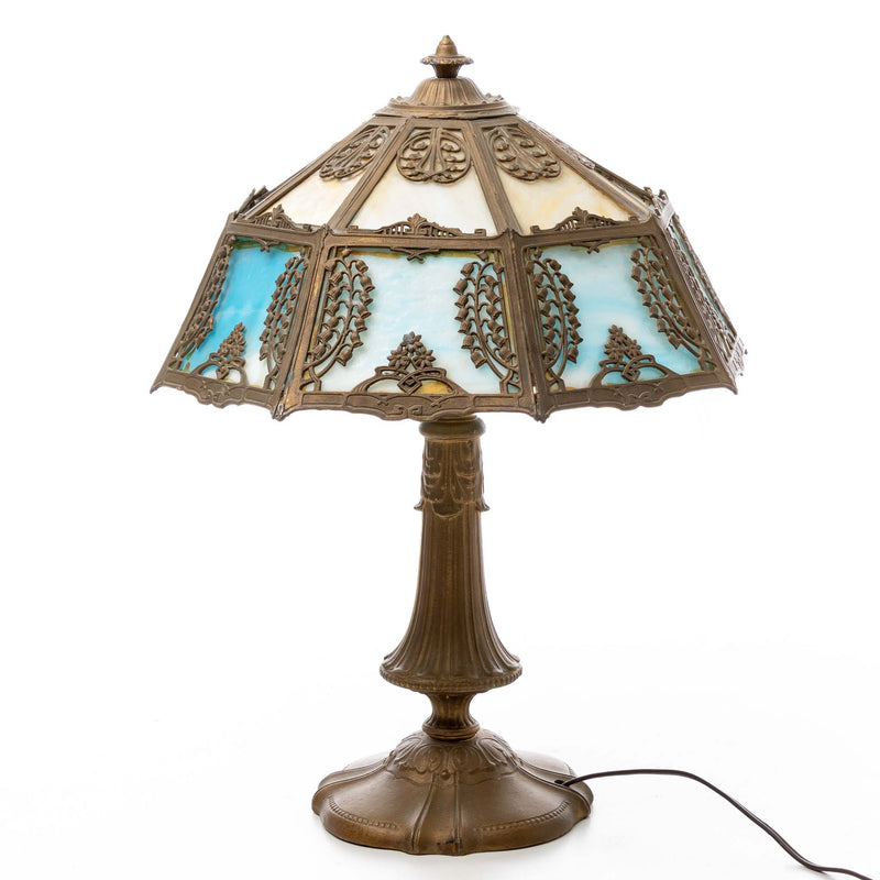 Cast Base Table Lamp with Blue and White Slag Glass Shade