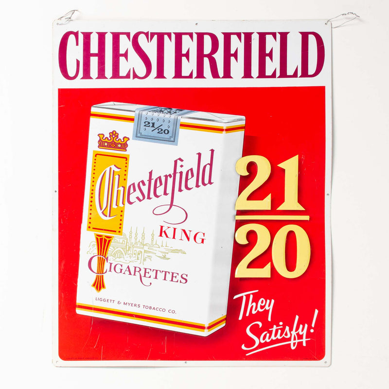 Red Embossed Metal "Chesterfield 21/20 They Satisfy!" Sign