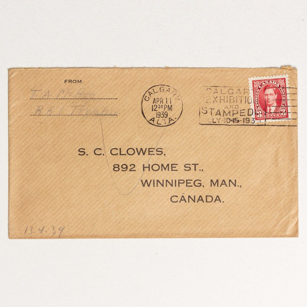 Envelope to S.C. Clowes - 1939, Calgary Stampede Stamp