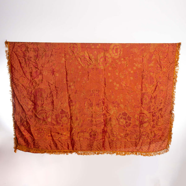 Orange and Red Fringed Chinese Silk Bedspread