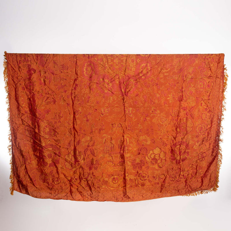 Orange and Red Fringed Chinese Silk Bedspread