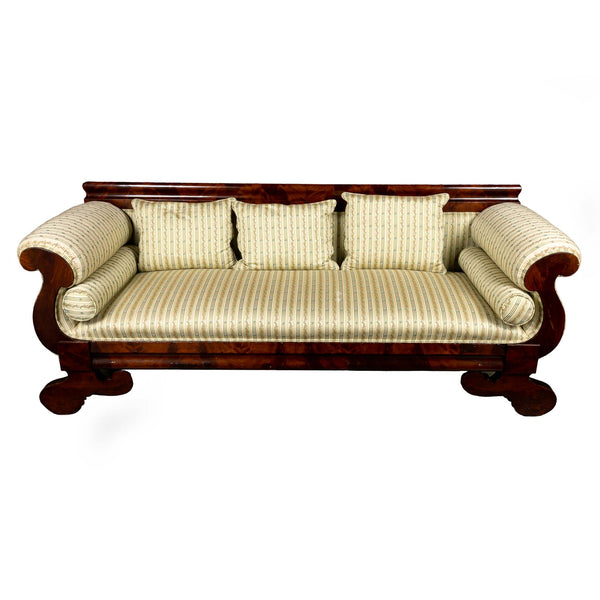 American Mahogany Empire Settee with Twin Rolled End Cushions