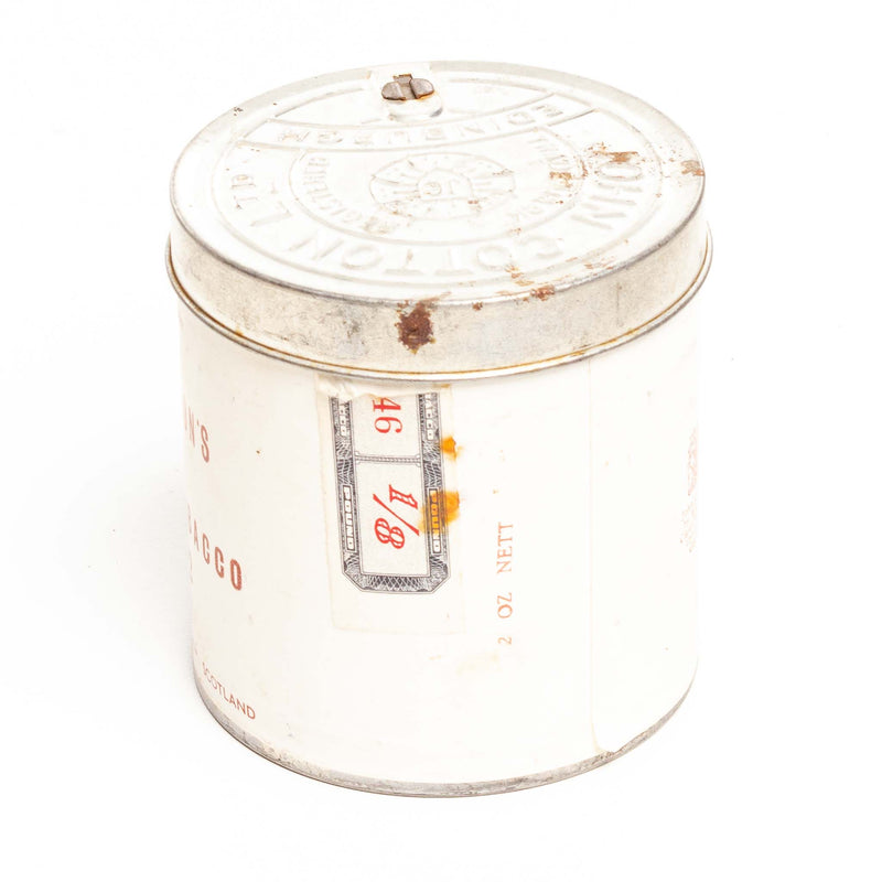 White "John Cotton's Finest Smoking Tobacco" Tin