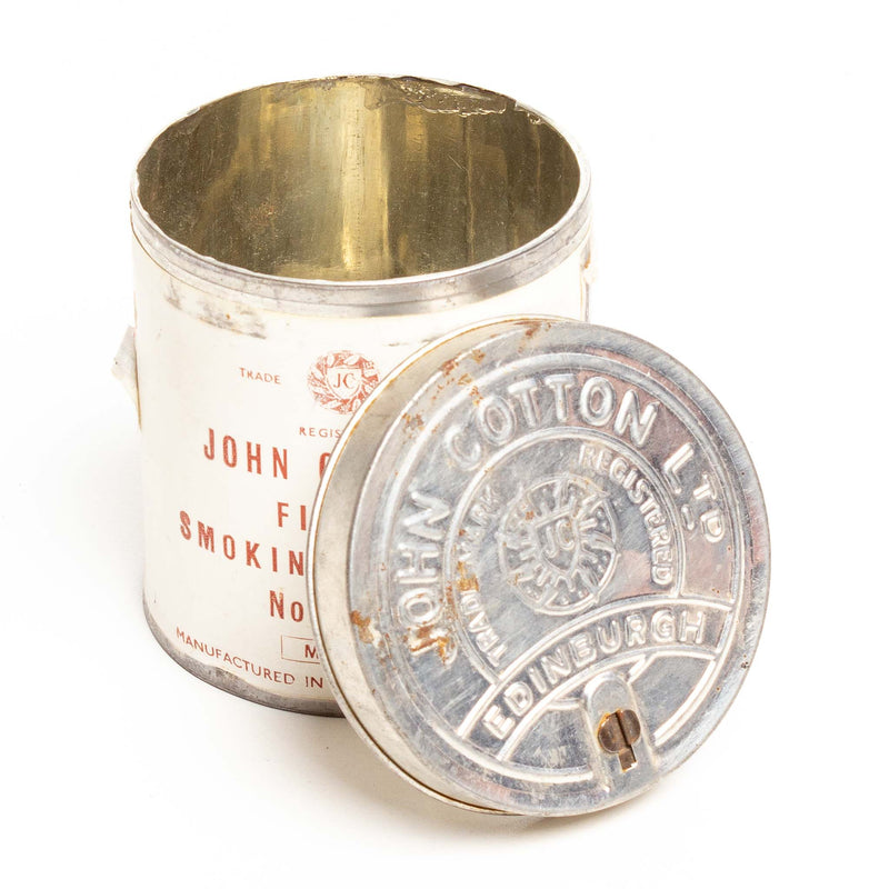 White "John Cotton's Finest Smoking Tobacco" Tin
