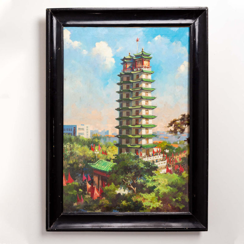 Black Framed Original Oil Painting of Chinese Building