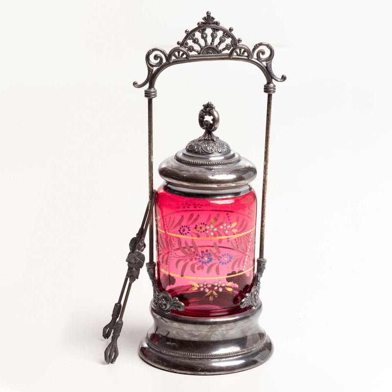 Cranberry Glass Pickle Caster with and Painted Deisgn