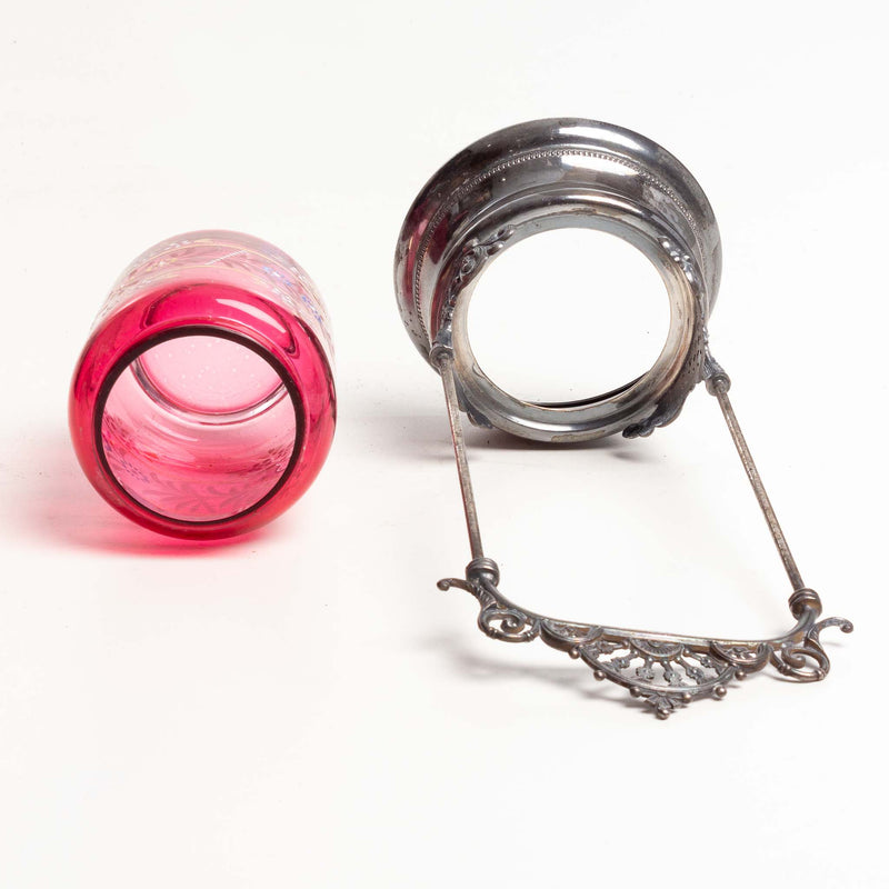 Cranberry Glass Pickle Caster with and Painted Deisgn