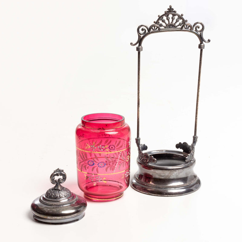 Cranberry Glass Pickle Caster with and Painted Deisgn