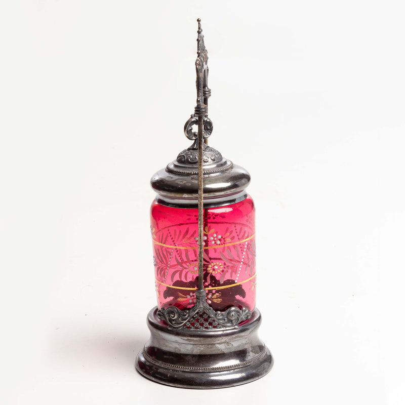 Cranberry Glass Pickle Caster with and Painted Deisgn