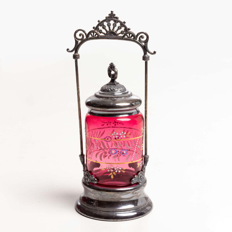 Cranberry Glass Pickle Caster with and Painted Deisgn
