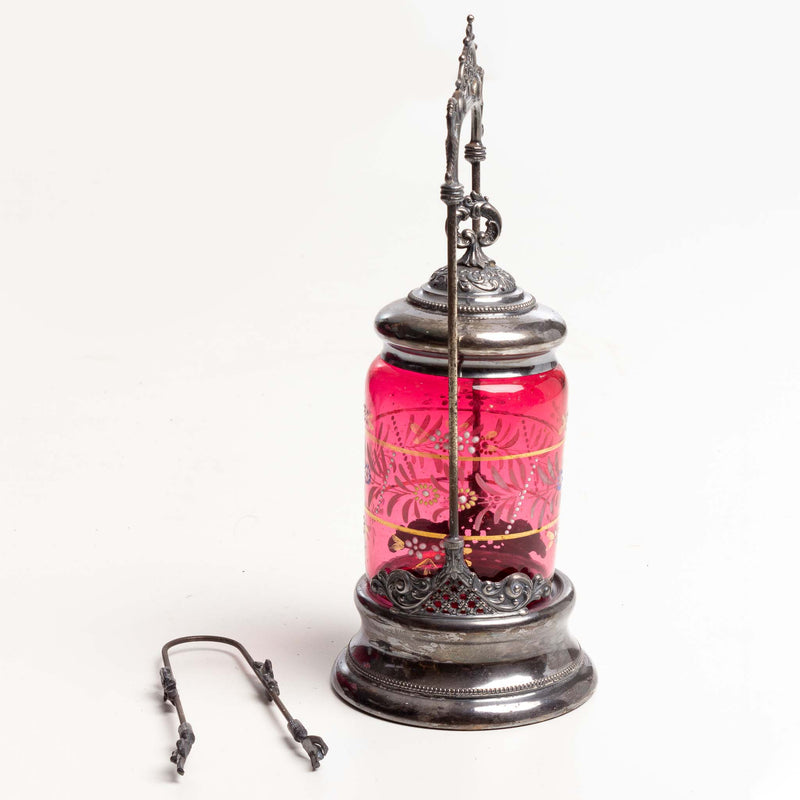 Cranberry Glass Pickle Caster with and Painted Deisgn