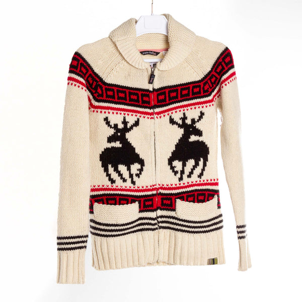 Off-White Knit Zip Sweater with Reindeer Design