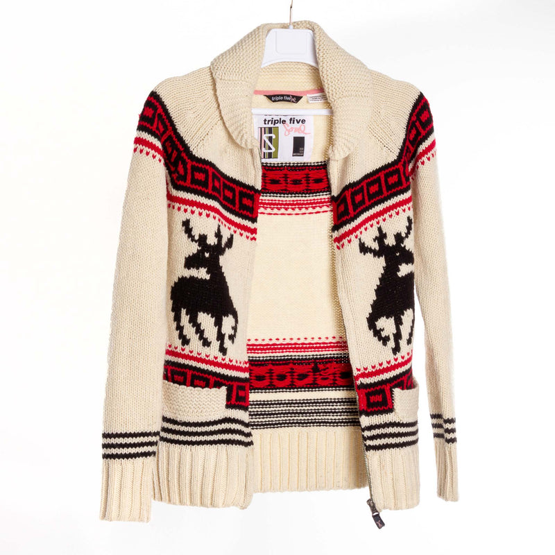 Off-White Knit Zip Sweater with Reindeer Design