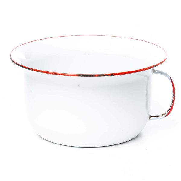 White with Red Enamelware Chamber Pot with Handle